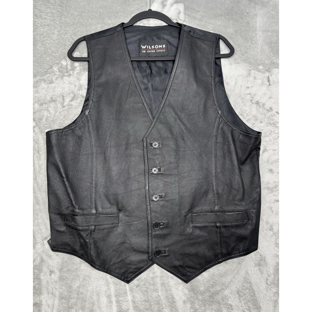 Vintage Wilsons Leather Vest Mens Large L Black Snap Biker Motorcycle 90s Y2K‎